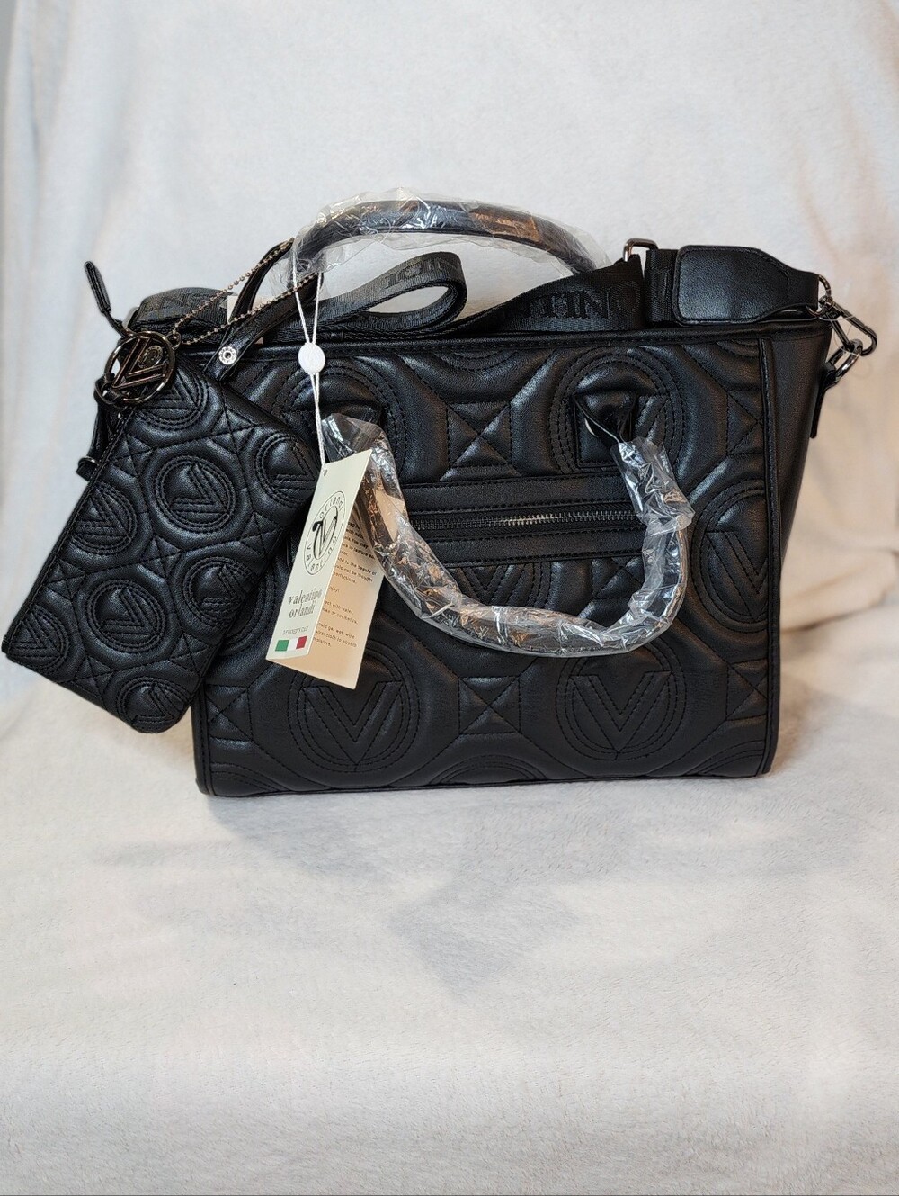 NWT Valentino Orlandi Black Quilted Leather Tote & Wallet Set